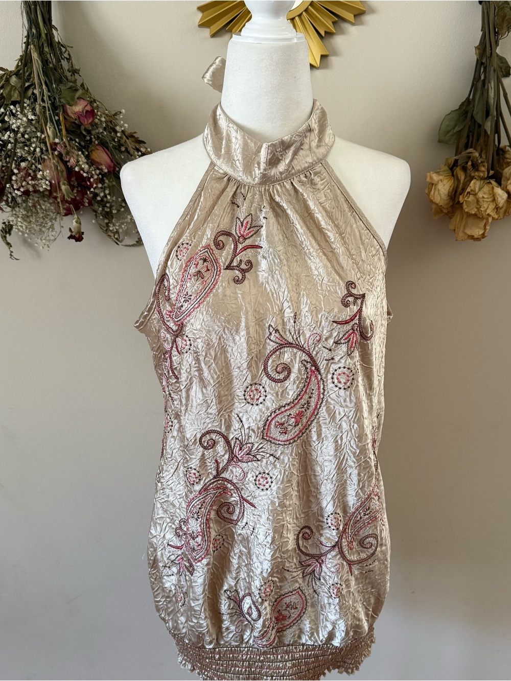 Beige Paisley Halter Top with Embroidery